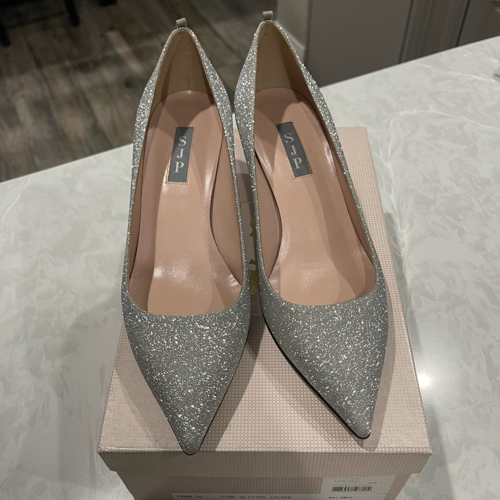 SJP 38.5 FAWN 50mm Silver Glitter Heels